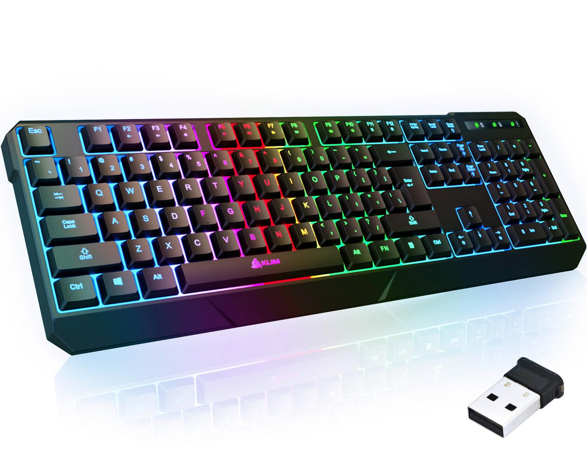 KLIM Chroma Wireless Gaming Keyboard RGB - Backlit Wireless Keyboard - Long-Lasting Rechargeable Battery - Quiet Water Resistant Ergonomic Keyboard - Teclado Gamer - PC PS5 PS4 Xbox One Mac - Black