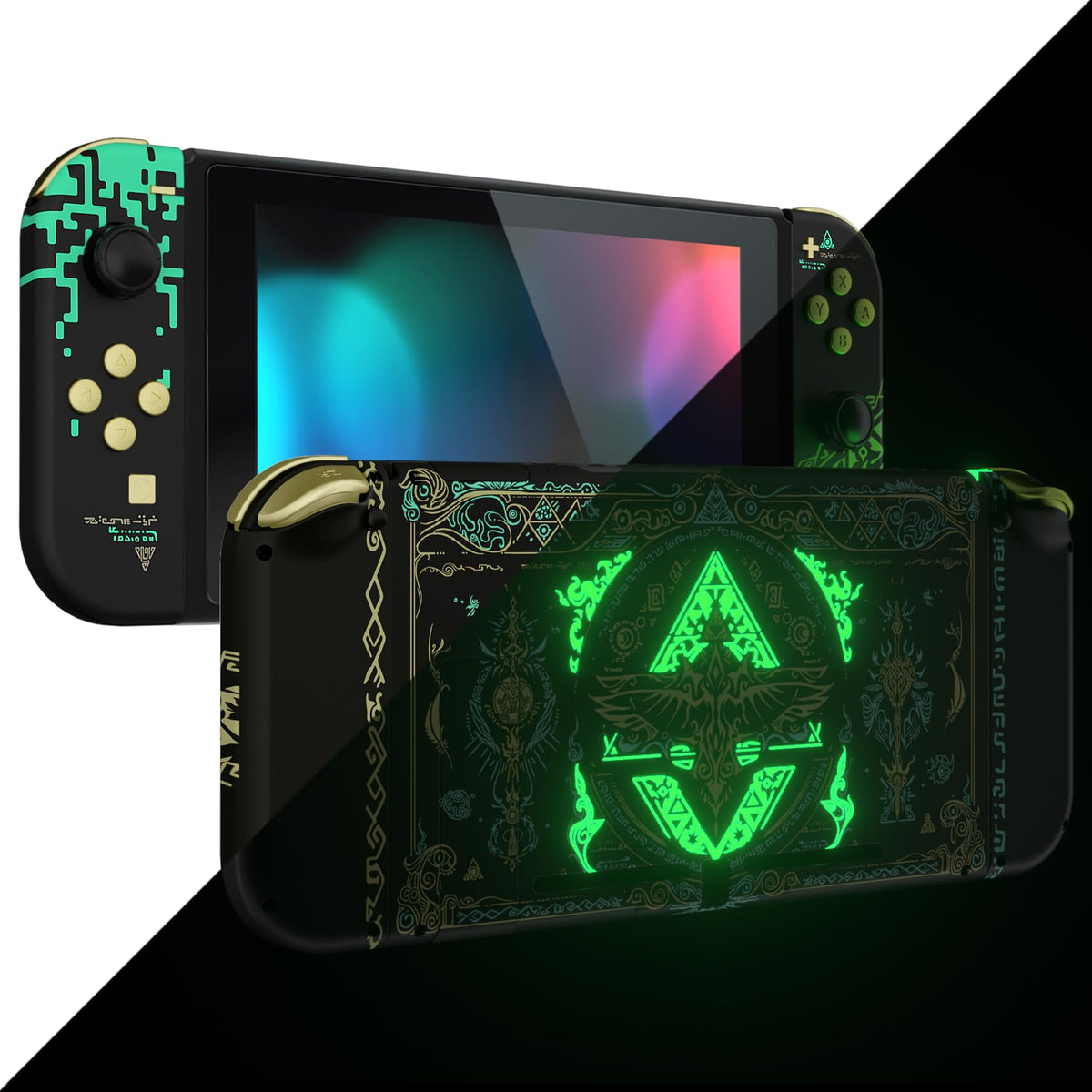 eXtremeRate DIY Replacement Shell Buttons for Nintendo Switch Back Plate for Switch Console Housing with Full Set Buttons for Joycon Handheld Controller - Glow in Dark - Totem of Kingdom Black