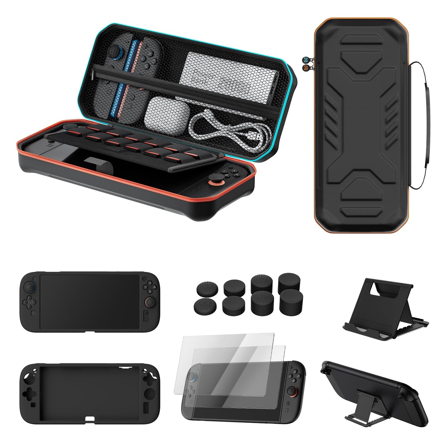 Hosanwell Switch2 13 in 1 Accessories Set for 2025 Nintendo Switch2 Model Switch2 Hard Carrying Case with Switch2 Protective Case 8 Thumb Grip 2 Screen Protector 1 Stand
