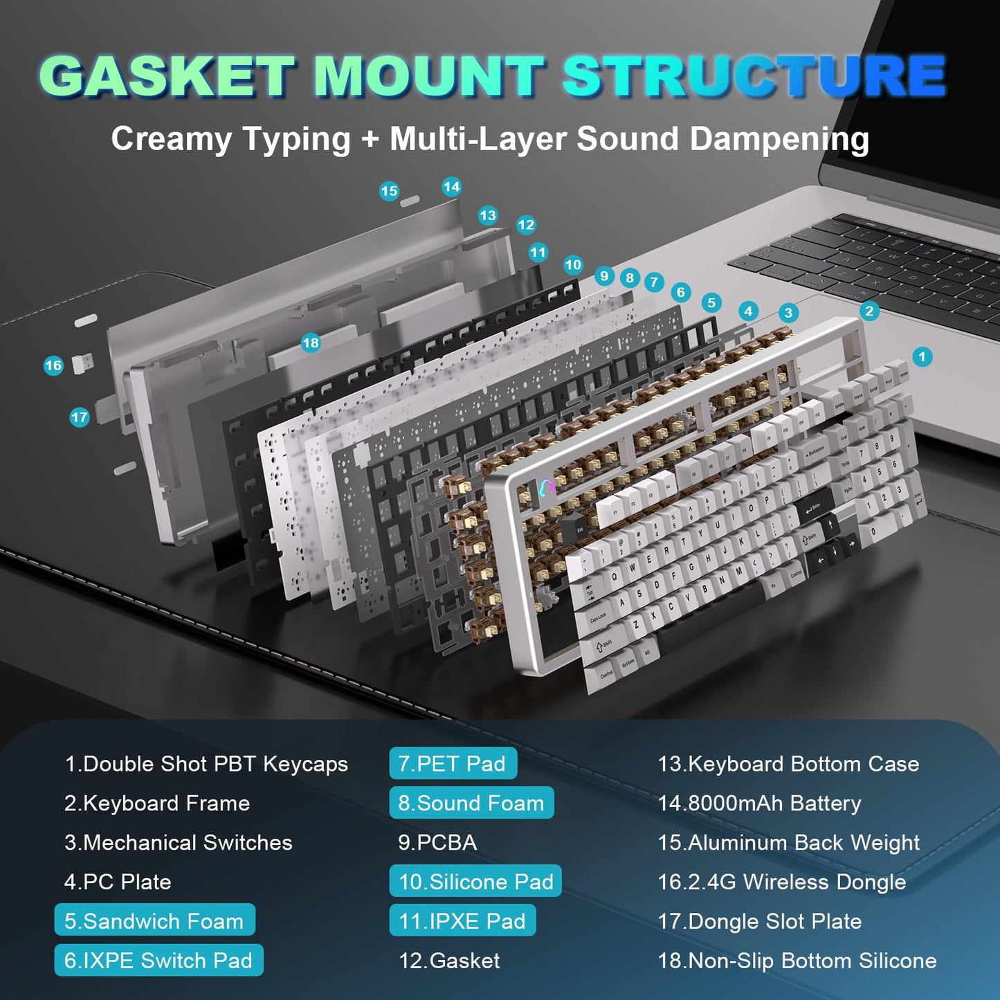 YUNZII AL98 Wireless Mechanical Gaming Keyboard, RGB Backlit, Cocoa Cream V2 Switch, Full Aluminum, White, Gasket Mount, BT/2.4G/USB-C