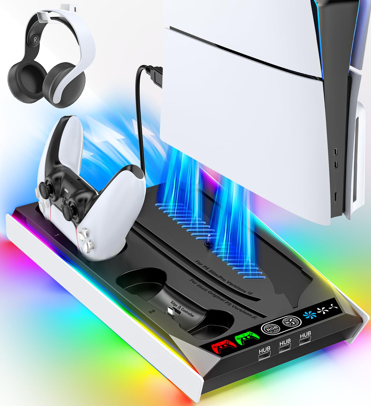 Rysker PS5/Slim/Pro Stand for Disc & Digital Console PS 5 Cooling & Charging Station with 9 RGB Lighting Modes PS 5 Controller Charger Built-in 3 Level Fan PS5/Slim/Pro Accessories with 3 USB Ports
