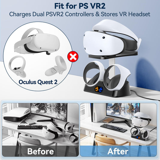 Tokluck PS5 VR2 Controller Charging Dock with Headset Holder, Black, Model TP5-2515, LED Indicator, Magnetic Clasp