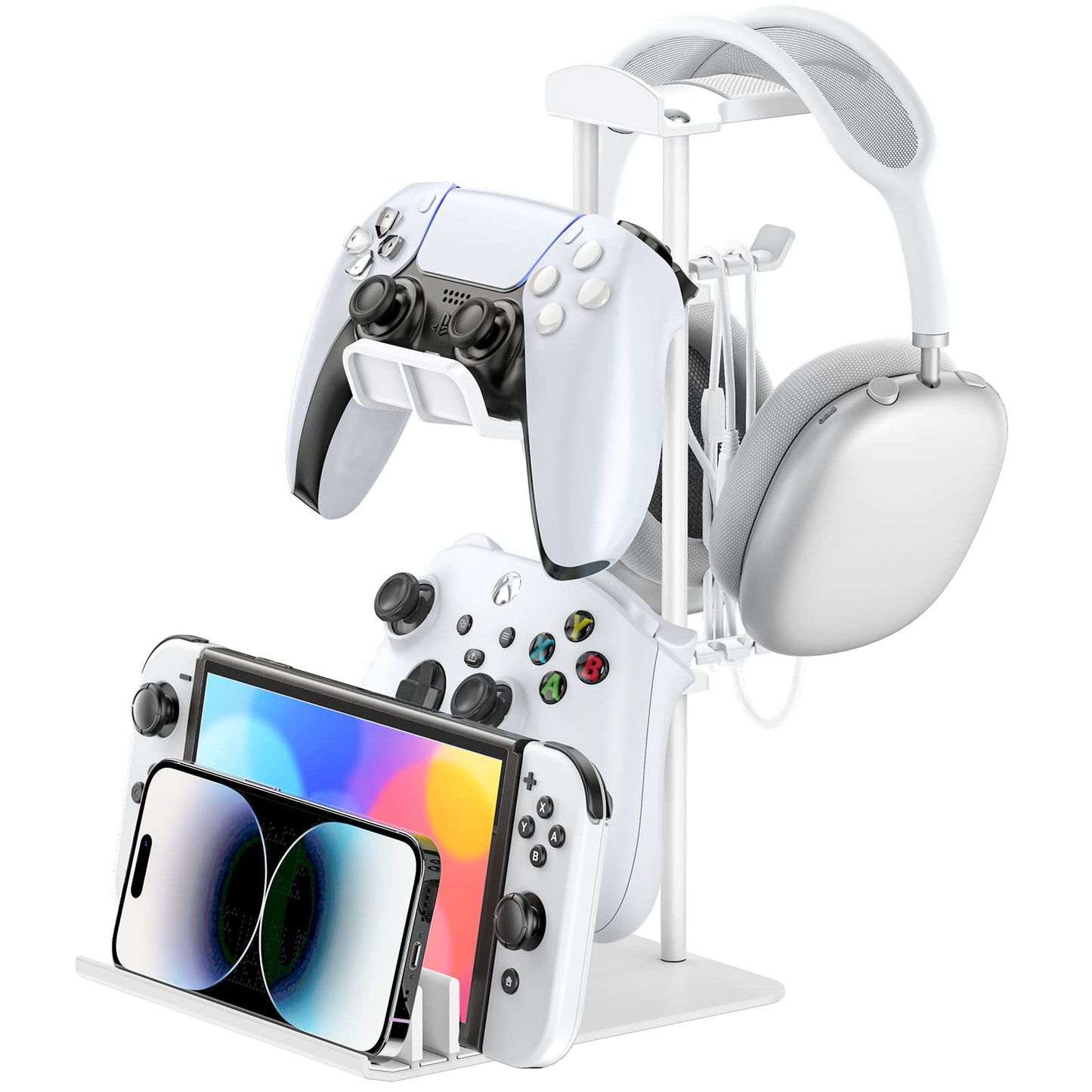 KDD Headphone Stand Controller Holder & Headset Holder for Desk Earphone Stand with Aluminum Supporting Bar Universal Storage Organizer Headphones/Controller/Switch/Mobile Phone(White)