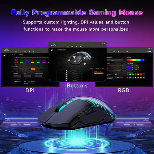 FFJ Master02 Wireless Gaming Mouse - 12000 DPI, Tri-Mode, RGB Backlit, 6 Programmable Buttons, Black