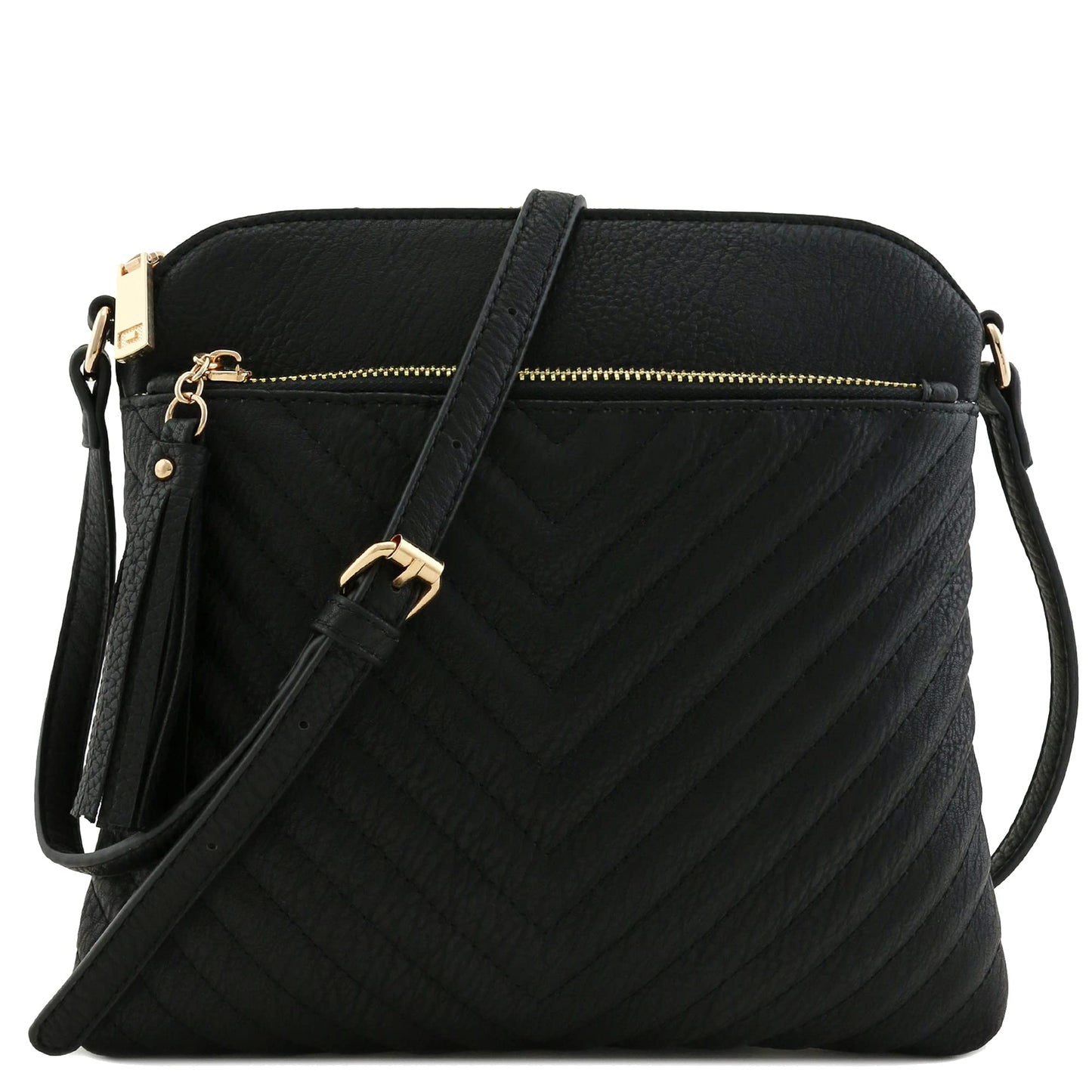 FashionPuzzle Chevron Quilted Crossbody Bag with Tassel Accent, One Size, Black