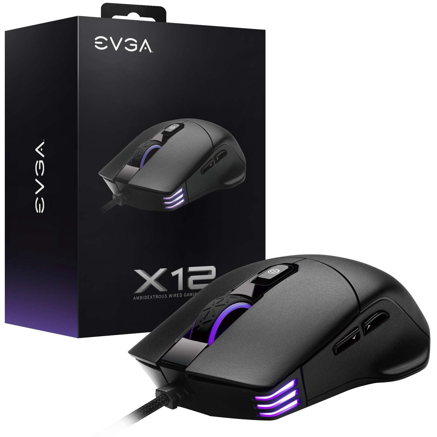 EVGA X12 Wired Gaming Mouse - 8K, 16,000 DPI, RGB, Ambidextrous, 8 Buttons, 5 Profiles, Black, Model 905-W1-