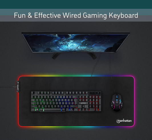 Manhattan Gaming Keyboard - Backlit RGB LED, Quiet Keystrokes, USB-A, Black, 12 Multimedia Keys, 3 Yr Warranty