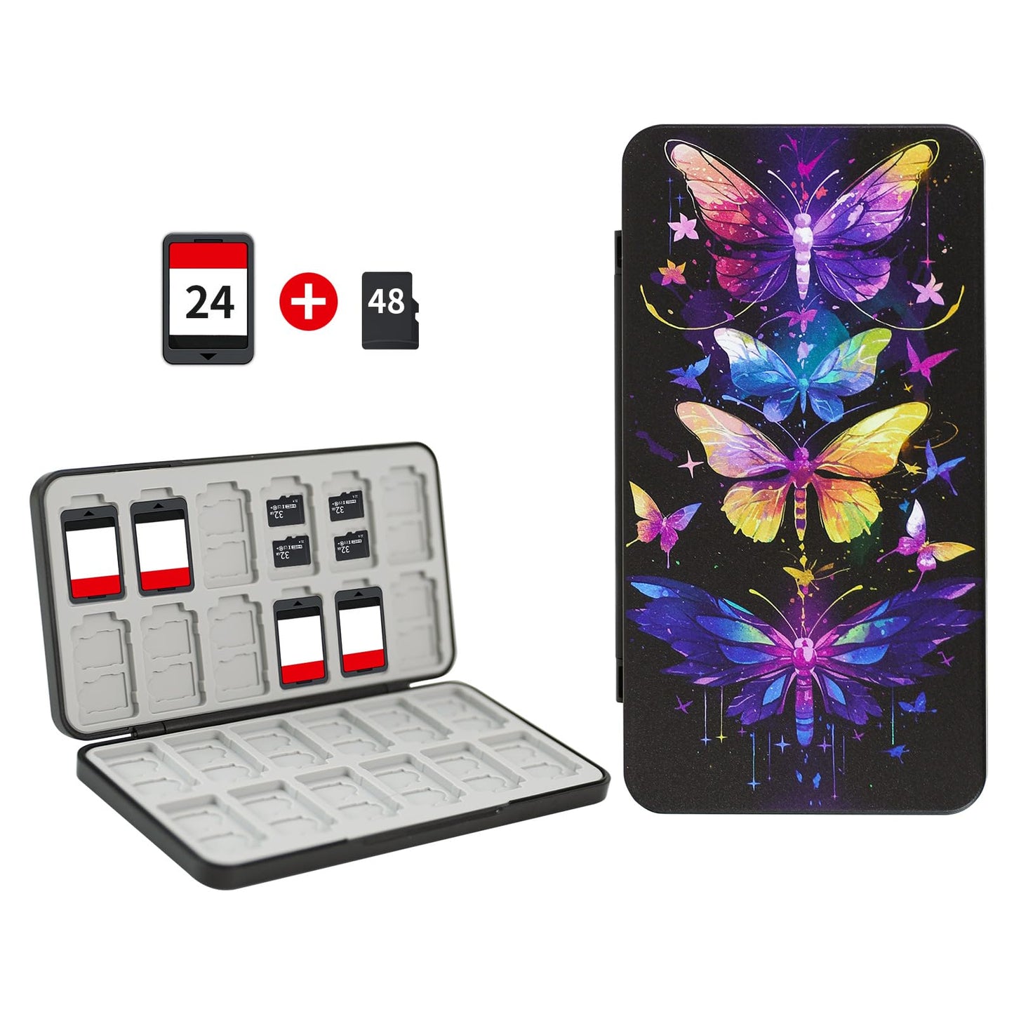 FlyingMage 24 Switch Game Card Case for Nintendo Switch 2/OLED/Lite Cute Switch Game Holder Cartridge Case for 24 Slots Game Card and 48 SD Card Storage Switch 2 Compact Card Holder Butterfly