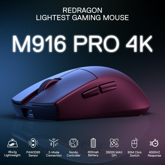 Redragon M916 PRO 4K Wireless Gaming Mouse, 26K DPI, 4K Polling Rate, Ultra-Light, Ergonomic Grip, Black