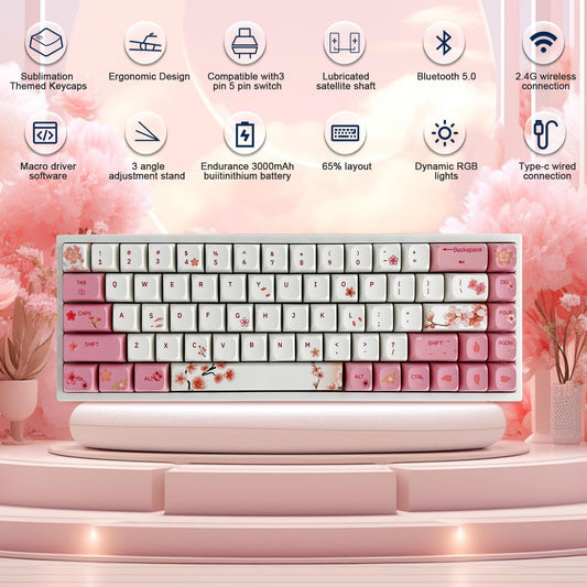 ZMX WK68 Cherry Blossom Pink 65% Mechanical Gaming Keyboard - Mini Hot Swap Tri-Mode BT/2.4G/Type-C, Yellow Switch, Dye-Sub PBT XDA Key