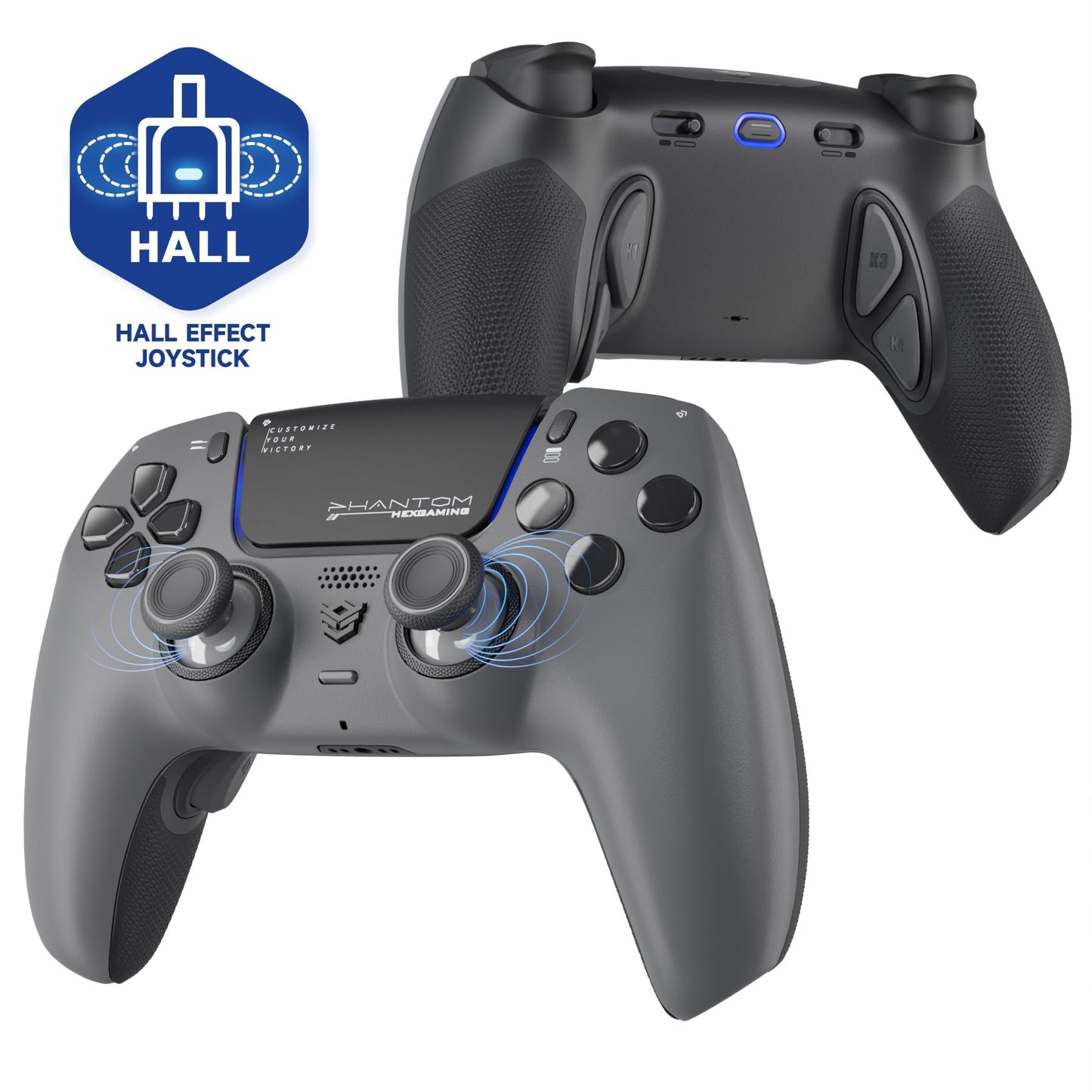 HEXGAMING PHANTOM Pro Controller with 4 Remappable Buttons 6 Remapping Profiles 8 Interchangeable Analog Stick and Adjustable Triggers Compatible with ps5 PC Mobile - Hall Effect Shadow Gray