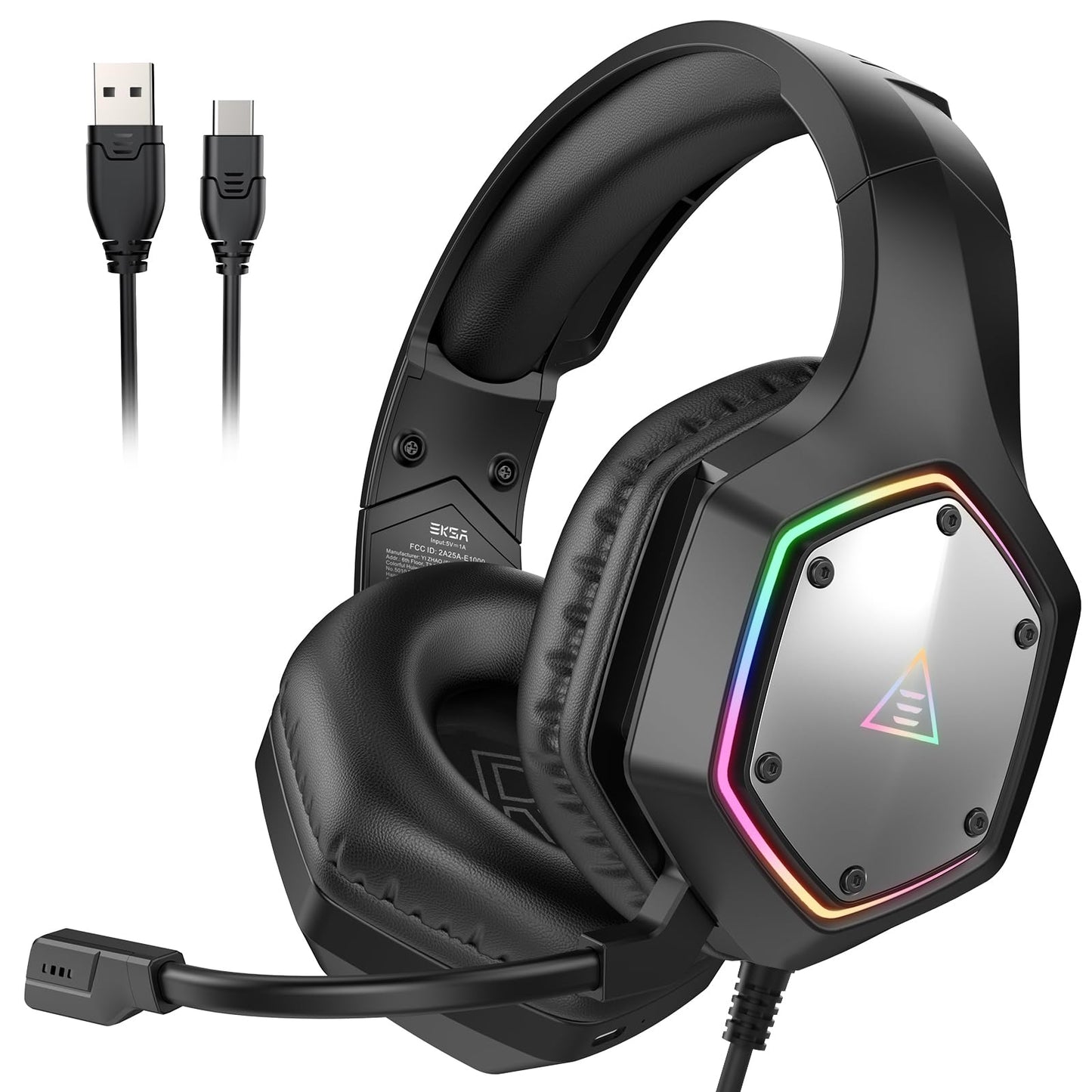 EKSA E1000 V2 Gaming Headset PC Headset with USB C Plug Wired Headphones with Noise Canceling Microphone 7.1 Surround Sound RGB Light include USB Adapter for Computer Mac PS4/PS5 Console Laptop