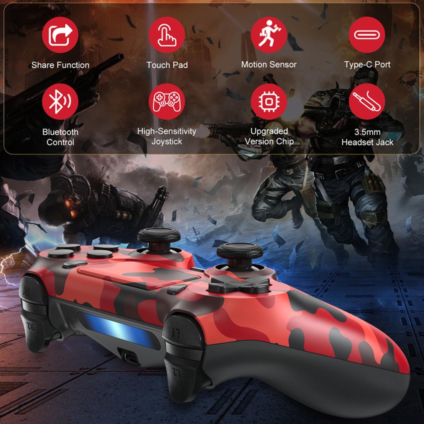 Hiyuky 2 Pack Wireless PS4 Controllers with 3.5mm Audio Jack, Dual Vibration, Motion Control - Red Camo