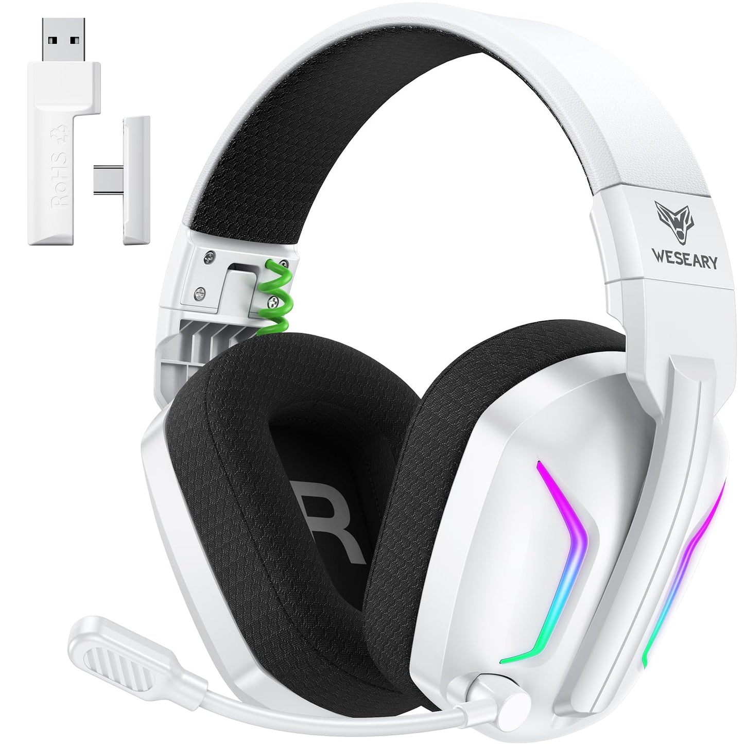 WESEARY Wireless Gaming Headset for PS5 PS4 PC Switch & Mac 20ms Ultra-Low Latency 2.4GHz USB & Bluetooth 5.4 Gaming Headphones with Mic 50H Battery Life 3D Spatial Audio Aurora White
