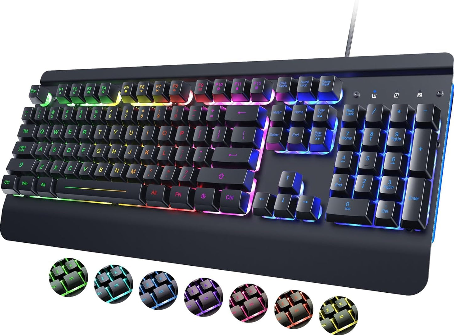 RisoPhy PC419 RGB Gaming Keyboard 7 Single Color Backlits 104 Keys Metal Panel Silent Keys Wrist Rest Full Size Waterproof Light Up for PC Laptop Mac Gamer