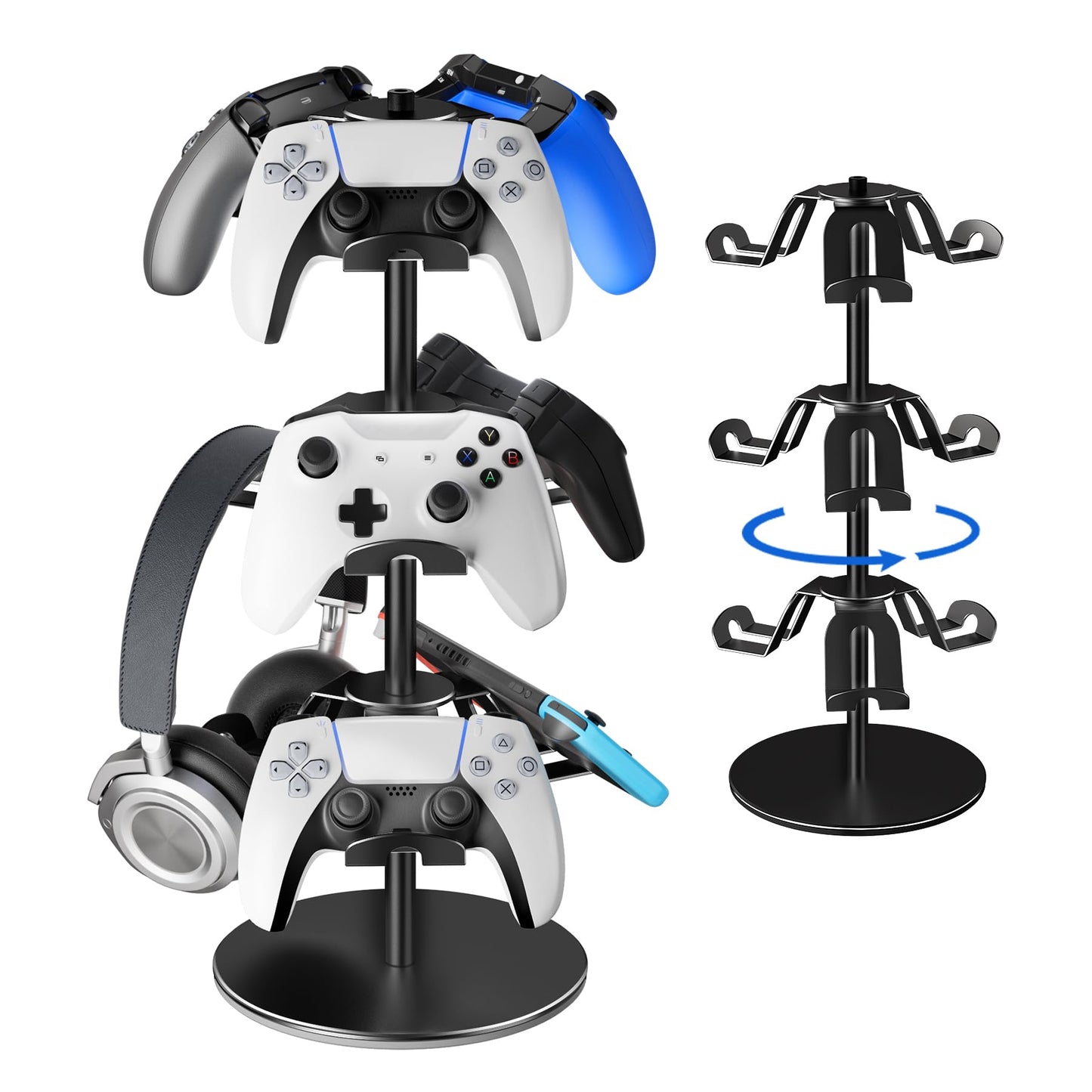 ZHGM Controller Holder Stand 3 Tiers Rotatable Gaming Headset Stand Compatible with Xbox PS5 PS4 Nintendo Switch Pro Aluminum Headphone Organizer Rack Desktop Gampads Holder Black