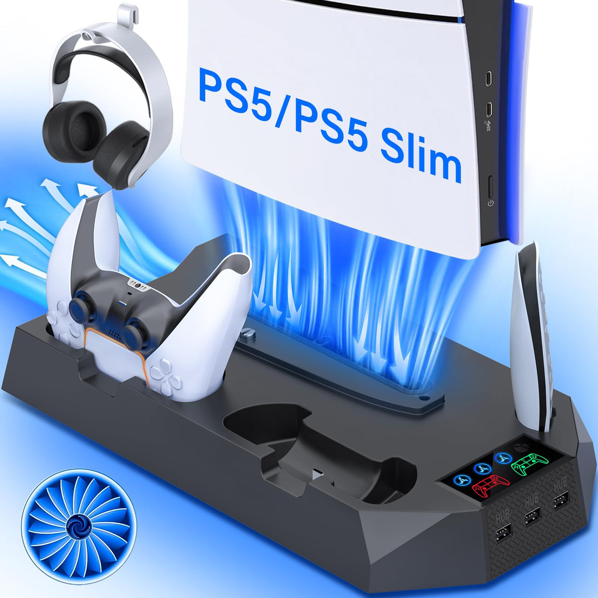 For PS5/PS5 Slim Cooling Station with Controller Charging Station for Playstation 5 Slim&Standard Disc/Digital Console Stand for PS5 Cooler Accessories Incl Cooling Fan/3 USB Hub/Headset Holder Black