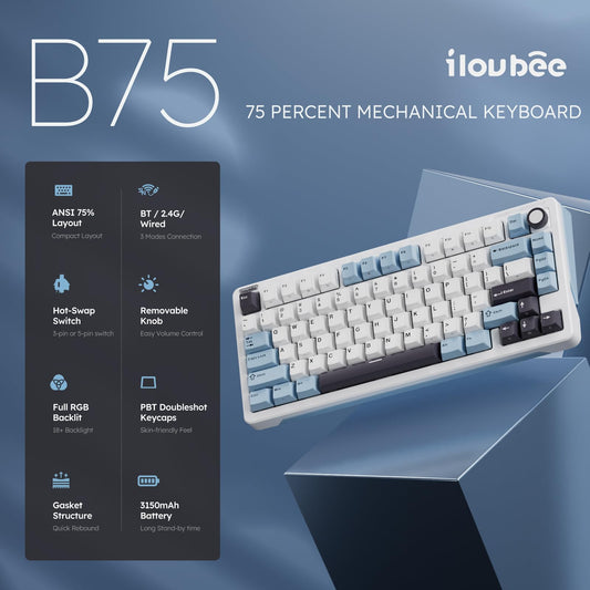 iLovBee B75 Wireless Mechanical Keyboard - Creamy 75% RGB, Bluetooth/2.4GHz/USB, Hot Swappable, Gasket Mounted, Pre-Lubed, White & Blue