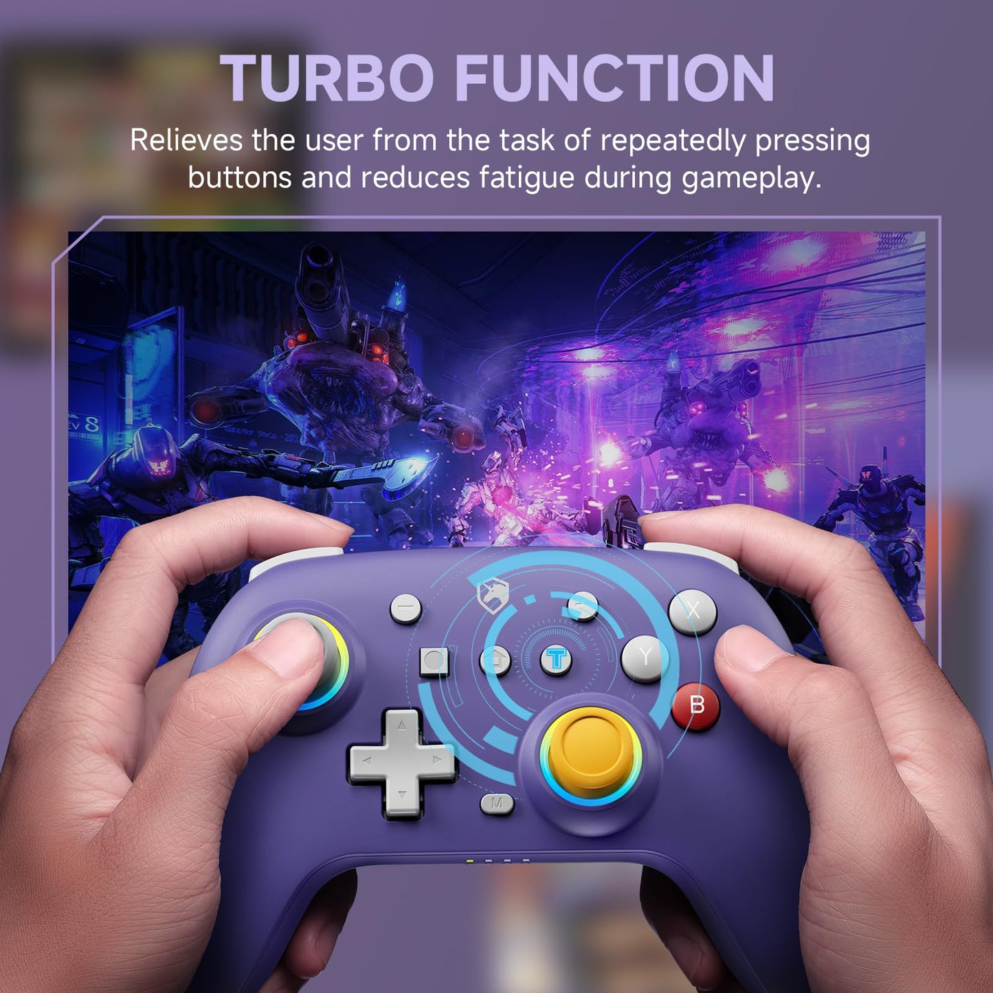 ECHTPower Wireless Switch Controller ES01PE, Hall Joystick, RGB, Turbo, Vibration, Purple, Compatible with Switch 2/OLED/PC/Android/iOS