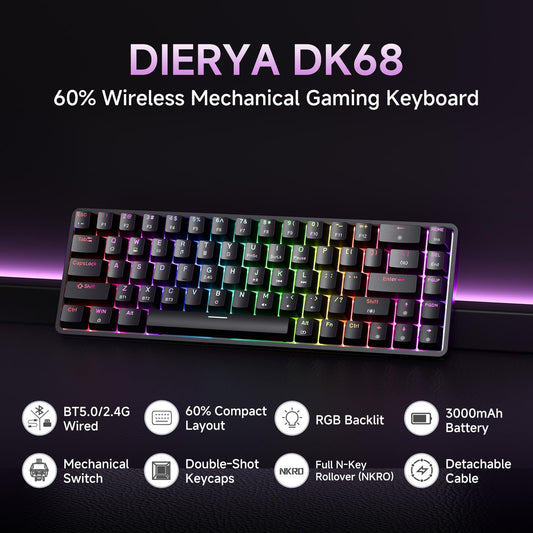 DIERYA DK68 60% Wireless Mechanical Gaming Keyboard, Quiet Red Switch, RGB Backlit, Black