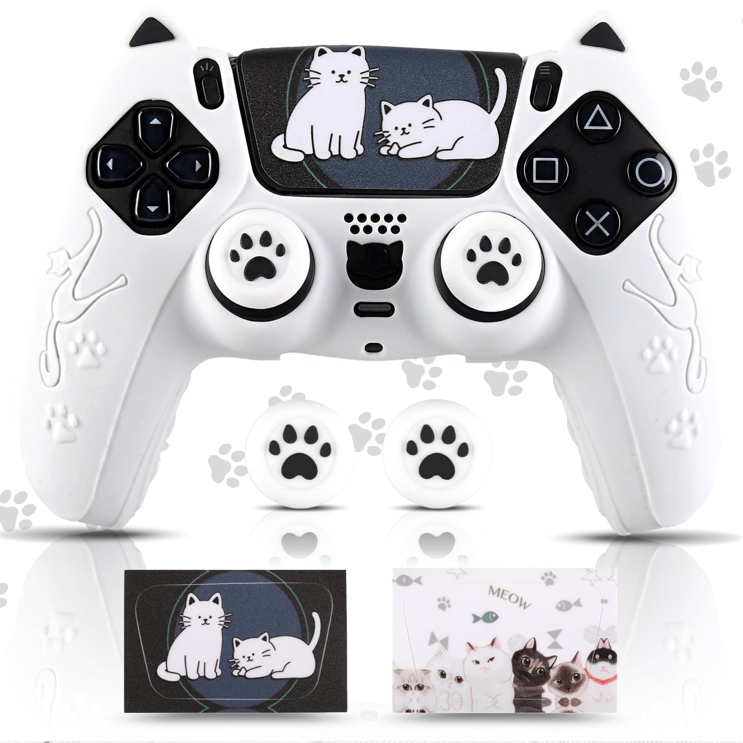 SoAegis Cute White Cat-Ear Controller Skin Set Silicone Controller Cover for PS5 Wireless Grip Comes with 2 PS5 Thumb Grips and 2 Cartoon Stickers(White)