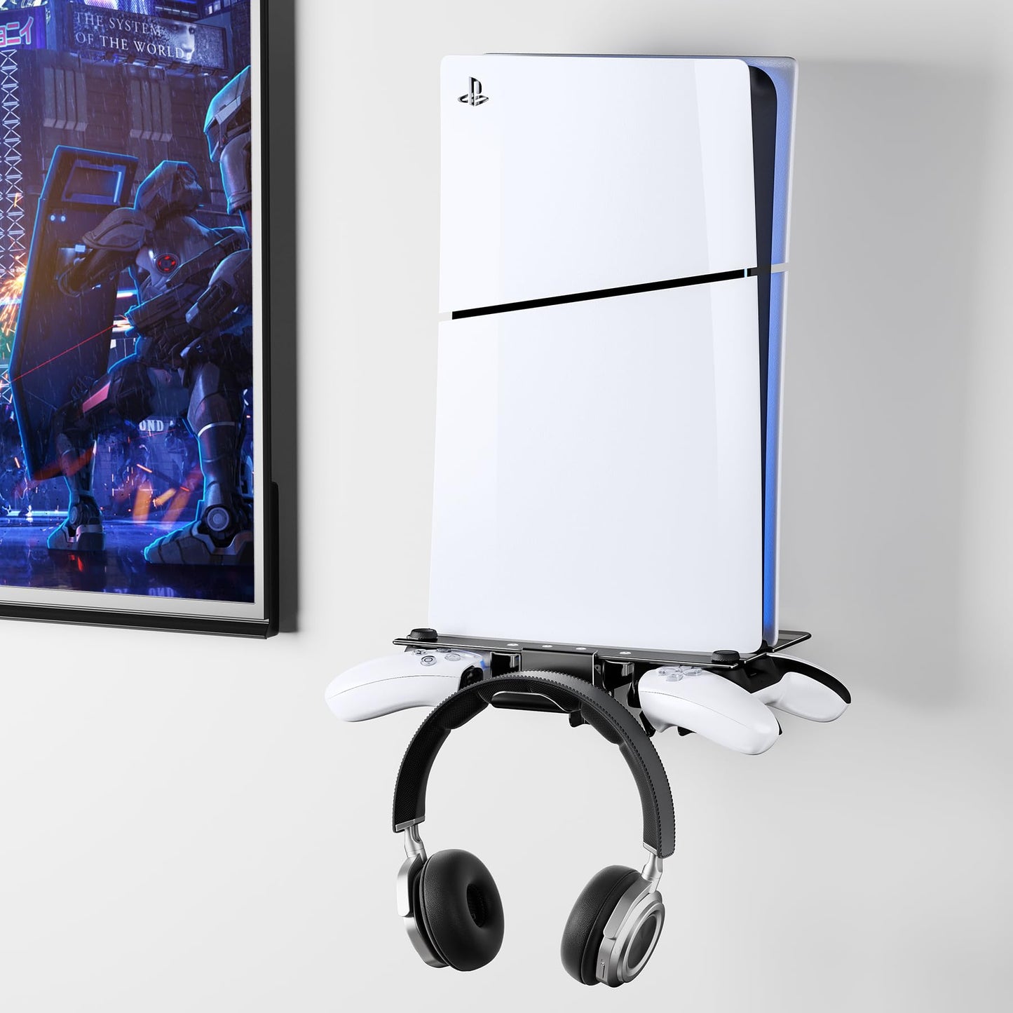 ZHGM Foldable Wall Mount Kit for PS5 Slim/Pro/PS5 Original Metal Shelf Wall Mount for Playstation 5 Console Disc/Digital with 2 Controller Holder & 1 Headset Hanger Saving Space PS5 Mount Black
