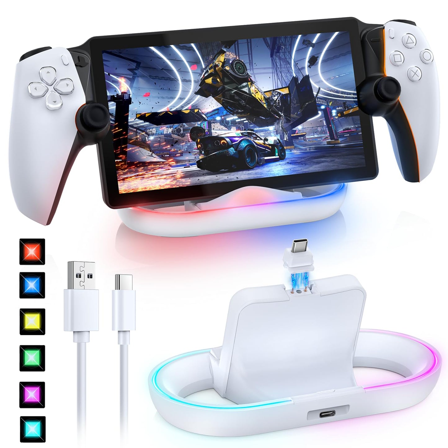 FASTSNAIL Charging Stand for PS Portal Compatible with Hard/Soft Cover RGB Charge Station for TPU/EVA/Silicone Protective Case When Charging Charge Holder for PlayStation 5 Portal (White)