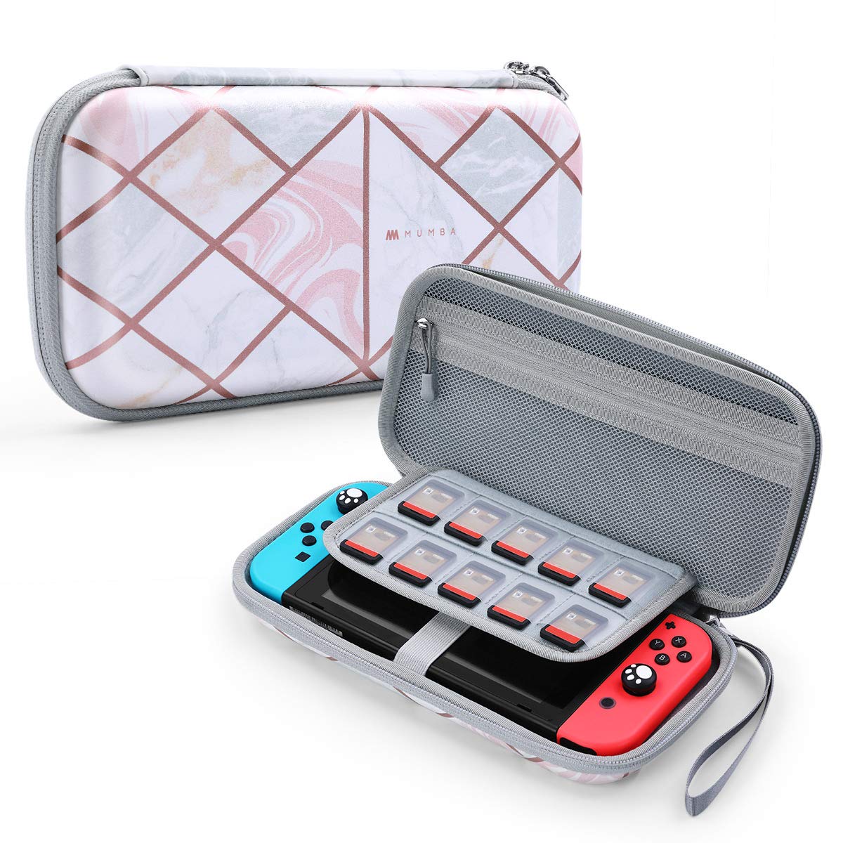 Mumba Carrying Case for for Nintendo Switch OLED & Nintendo Switch Deluxe Ulta Slim Hard Shell Tpartyl - holds 10 Game refill units -Pink Marble