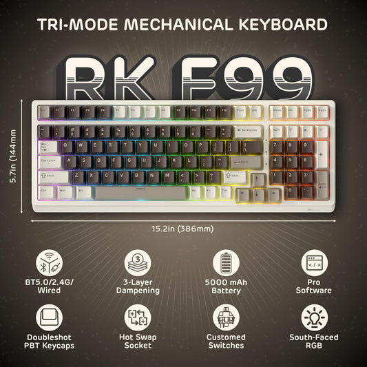 RK ROYAL KLUDGE F99 Wireless Mechanical Keyboard, 95% Layout, Tri-Mode, Mocha Brown, Hot Swappable, Custom Linear Creamy Switches