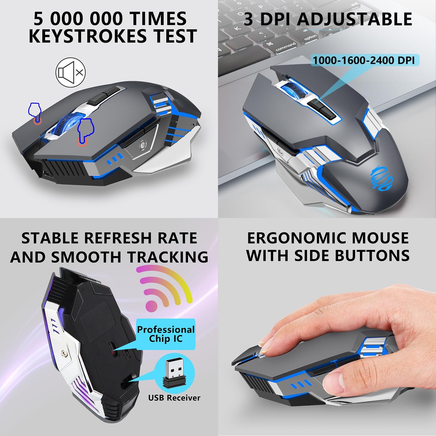 SHUNJINRUN Bluetooth Gaming Mouse - Wireless, 800mAh, RGB, 7 Buttons, Model SJR343, Gray