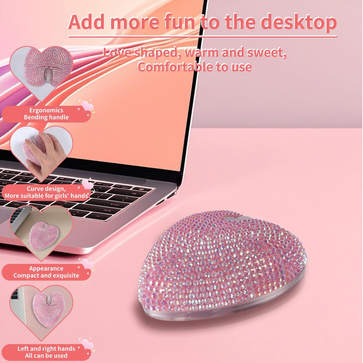 elec Space Wireless Bluetooth Mouse – Heart-Shaped, Rechargeable, Silent, RGB Light, Pink