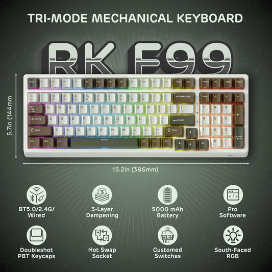 RK ROYAL KLUDGE F99 Wireless Mechanical Gaming Keyboard, Tri-Mode, Tactile Beige Switch, Palm Green, RGB Backlit, Num Pad