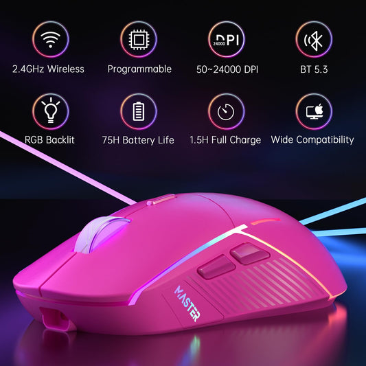 FFJ Wireless Gaming Mouse, 24000 DPI, RGB, Tri-Mode 2.4G/USB-C/Bluetooth, Rechargeable, 75Hrs Battery Life, Magenta, Model