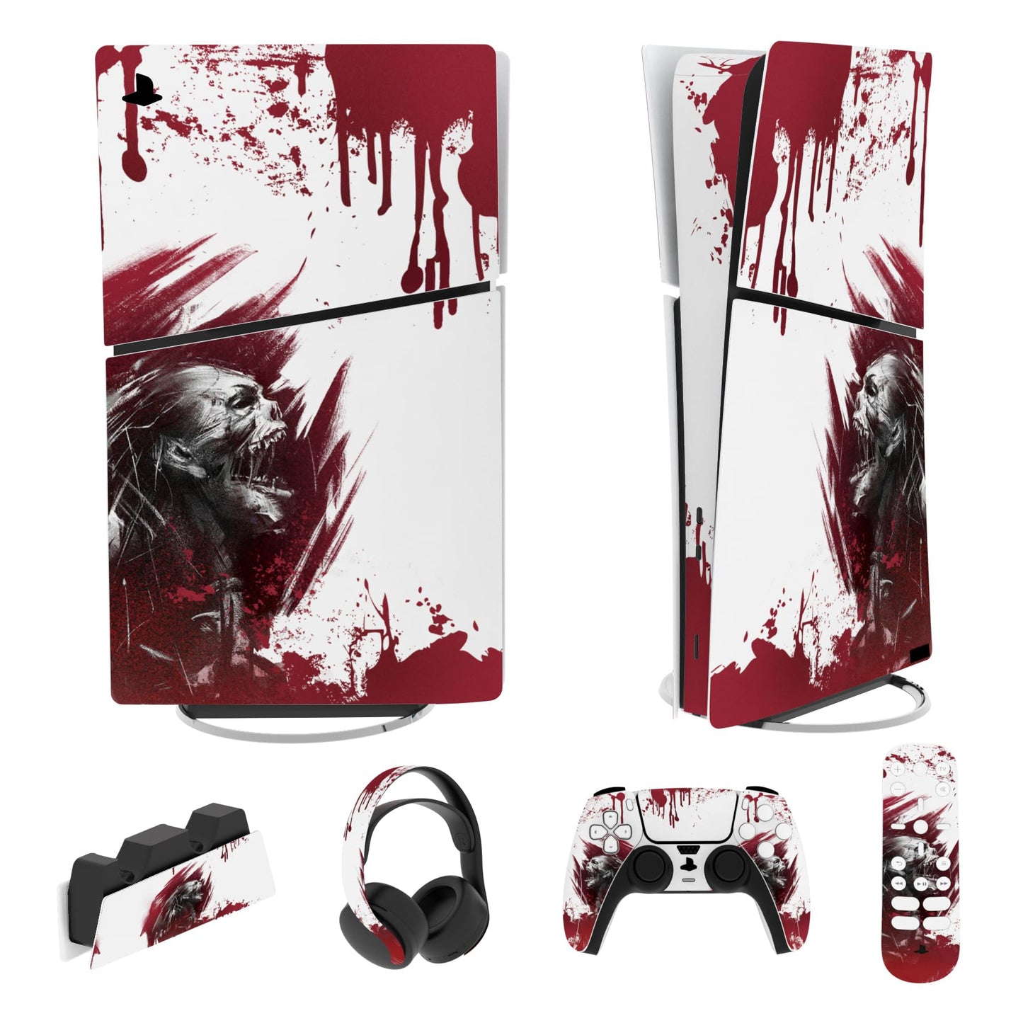 PlayVital Full Set Skin Sticker for ps5 Slim Console Digital Edition (The New Smaller Design) Vinyl Skin Decal Cover for ps5 Controller & Headset & Charging Station & Media Remote - Blood Zombie