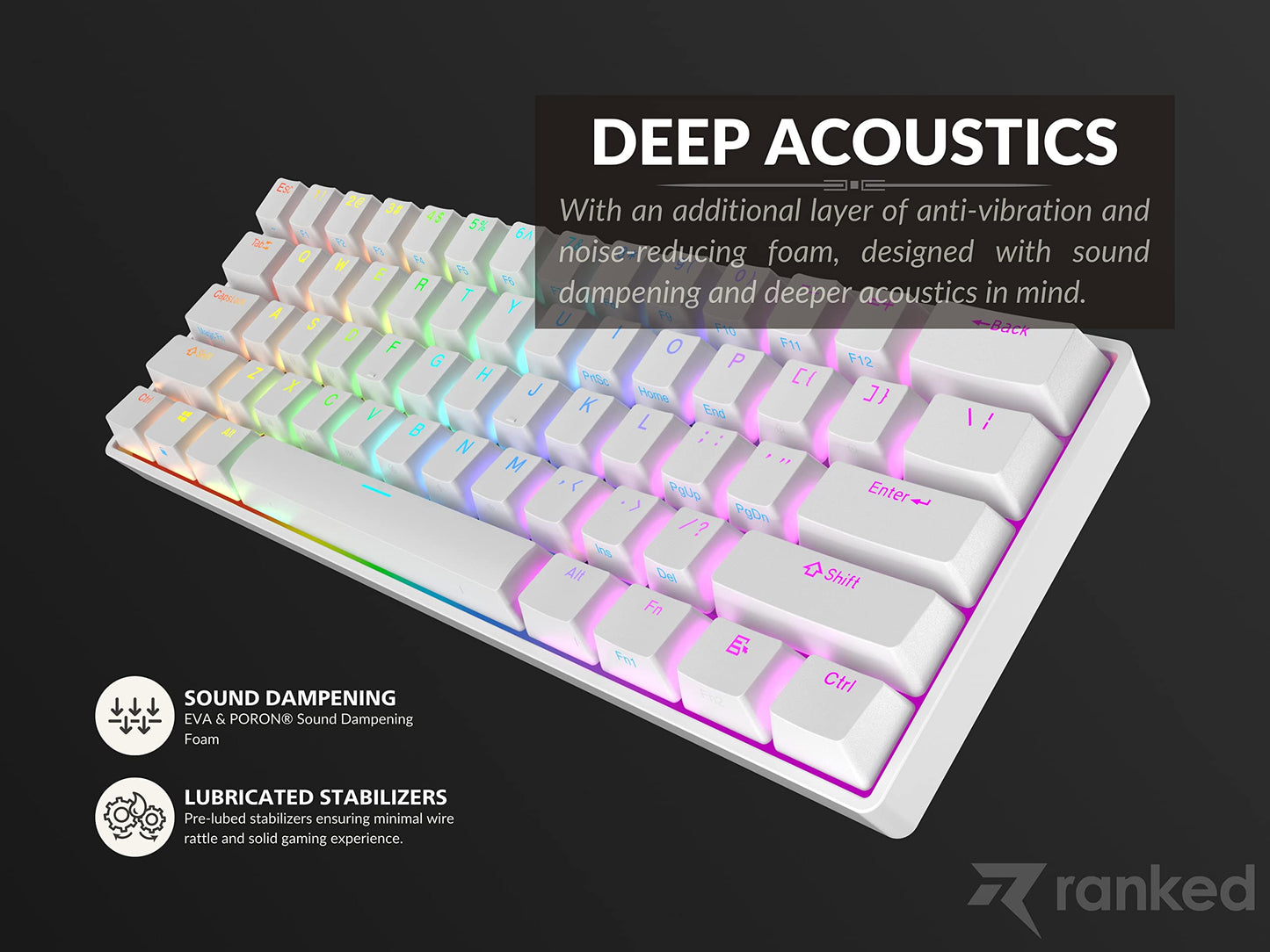 Ranked Nova 60% Mechanical Gaming Keyboard | Hot Swappable | 61 Keys RGB Backlit | White | Gateron Pro Brown