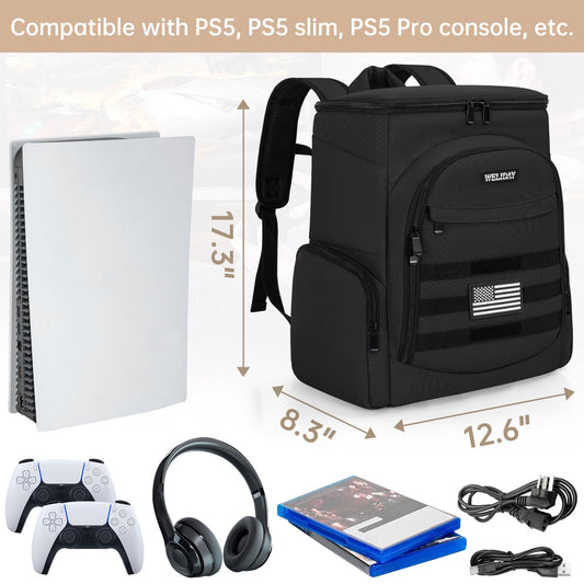 WELIDAY PS5 Gaming Console Backpack - Black, 15.6" Laptop Compartment, 2112 Cubic Inches, Multiple Pockets