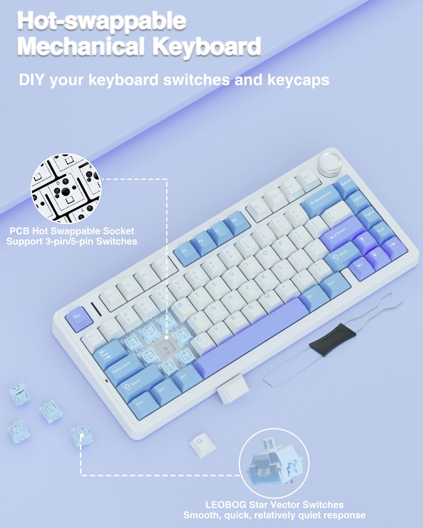 AULA F75 Wireless Mechanical Gaming Keyboard - Hot Swappable, RGB Backlit, 2.4GHz/Type-C/BT5.0, White/Blue/Purple