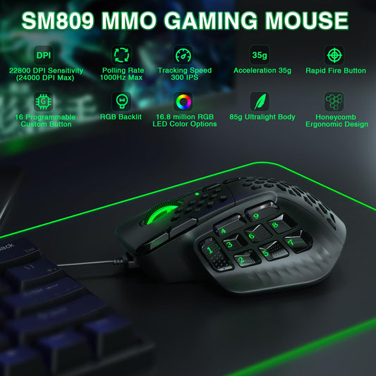 CORBOBO SM809 Wired RGB Gaming Mouse - 22800 DPI, 9 Side Buttons, Ergonomic Design, Large Size, Black