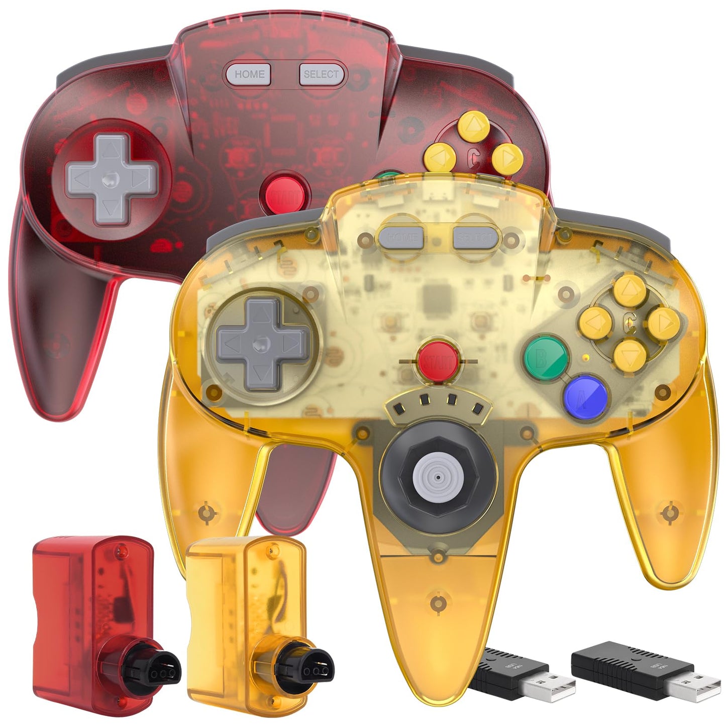 2 Pack 2.4 GHz Wireless N64 Switch Online Controller USB & N64 Receiver Compatible with Windows PC iOS Mac Raspberry Pi N64 / Switch Online/NSO - (Rechargeable) (Plug and Play) (Clear Red/Yellow)