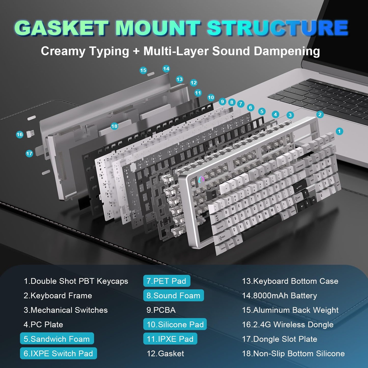 YUNZII AL98 Wireless Mechanical Gaming Keyboard, 1800 Layout, RGB Backlit, Milk Switch, White, QMK/VIA, Hot Swappable, Gasket Mount