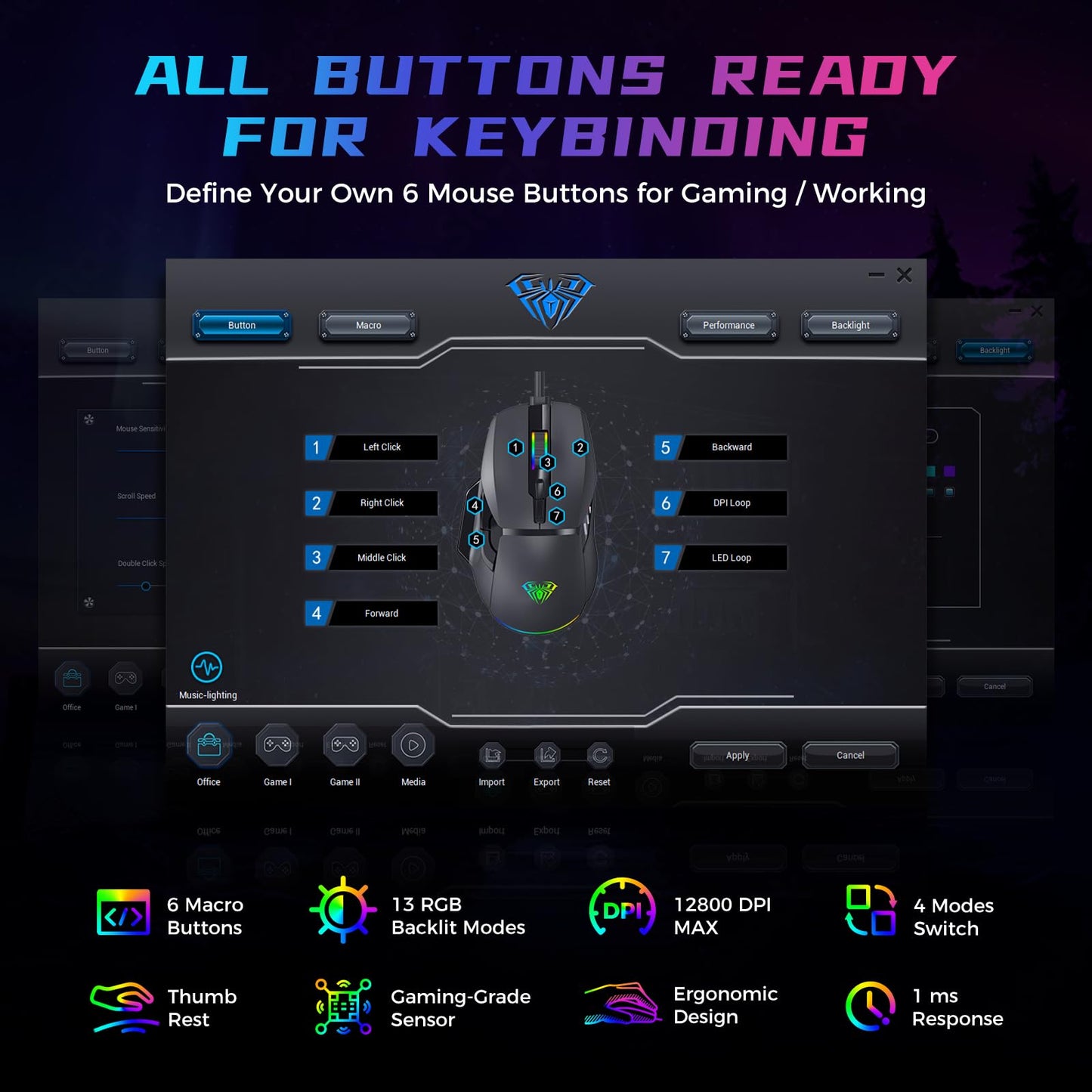 AULA F815 Gaming Mouse, 12800 DPI RGB, 6 Programmable Buttons, Universal Size, Black