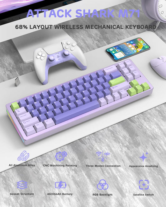 ATTACK SHARK M71 Wireless Mechanical Keyboard, 75% TKL, RGB LED, Hot-swap, 13.78" x 4.53", Lavender/Linear White Jade Switch