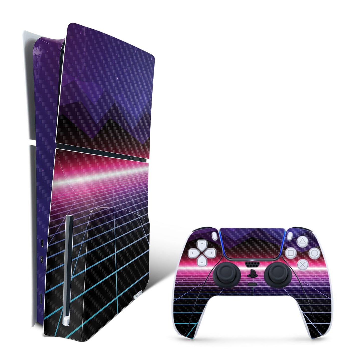 MightySkins Carbon Fiber Skin for PS5 Playstation 5 Slim Disc Edition Bundle - Synthwave Protective Durable Textured Carbon Fiber Finish Easy to Apply Made in The USA