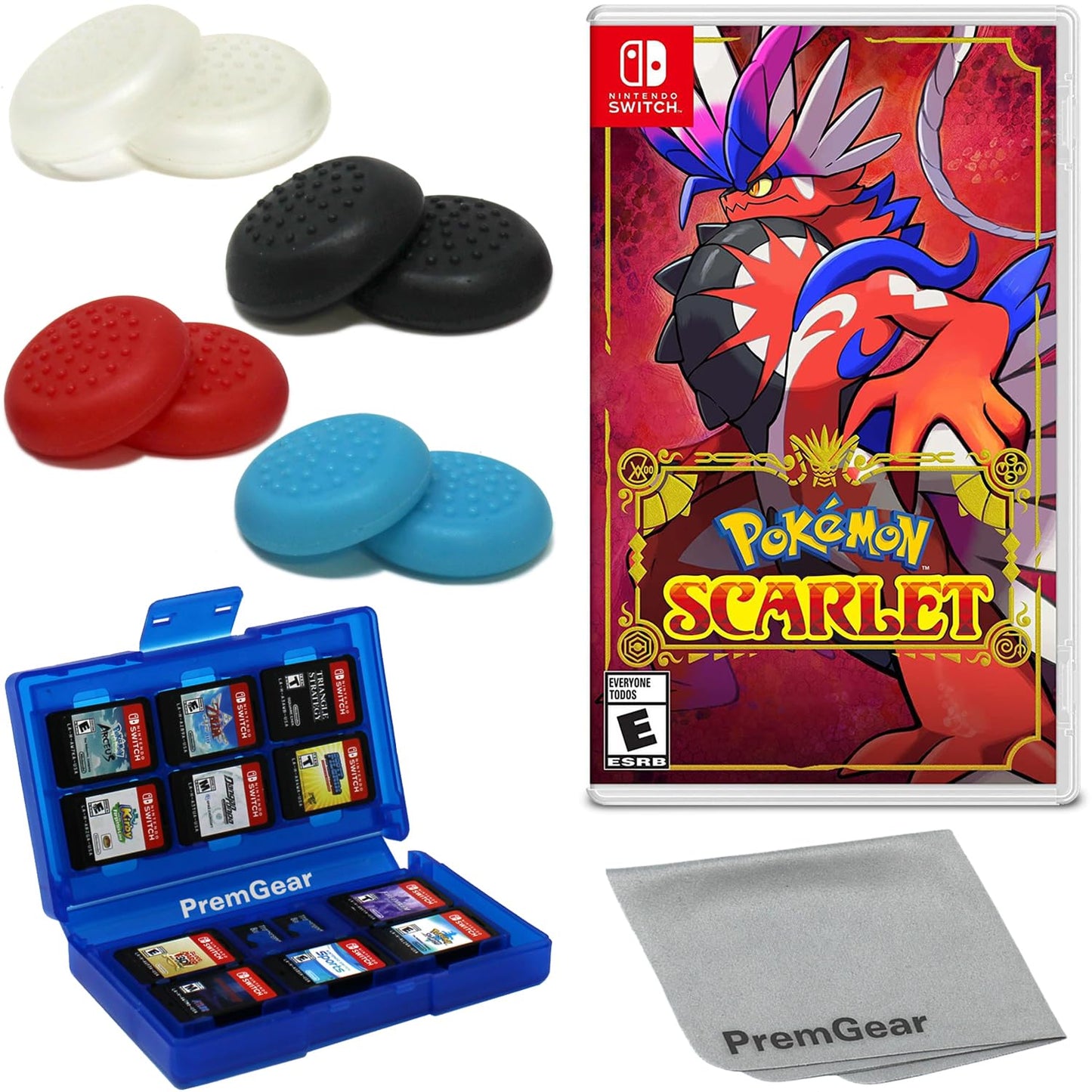 Pokmon Scarlet for Nintendo Switch (US Version) with PremGear Thumb Grips (8 pack - Black Blue Red & Clear) 24 Slot Game Card Holder & Cleaning Cloth