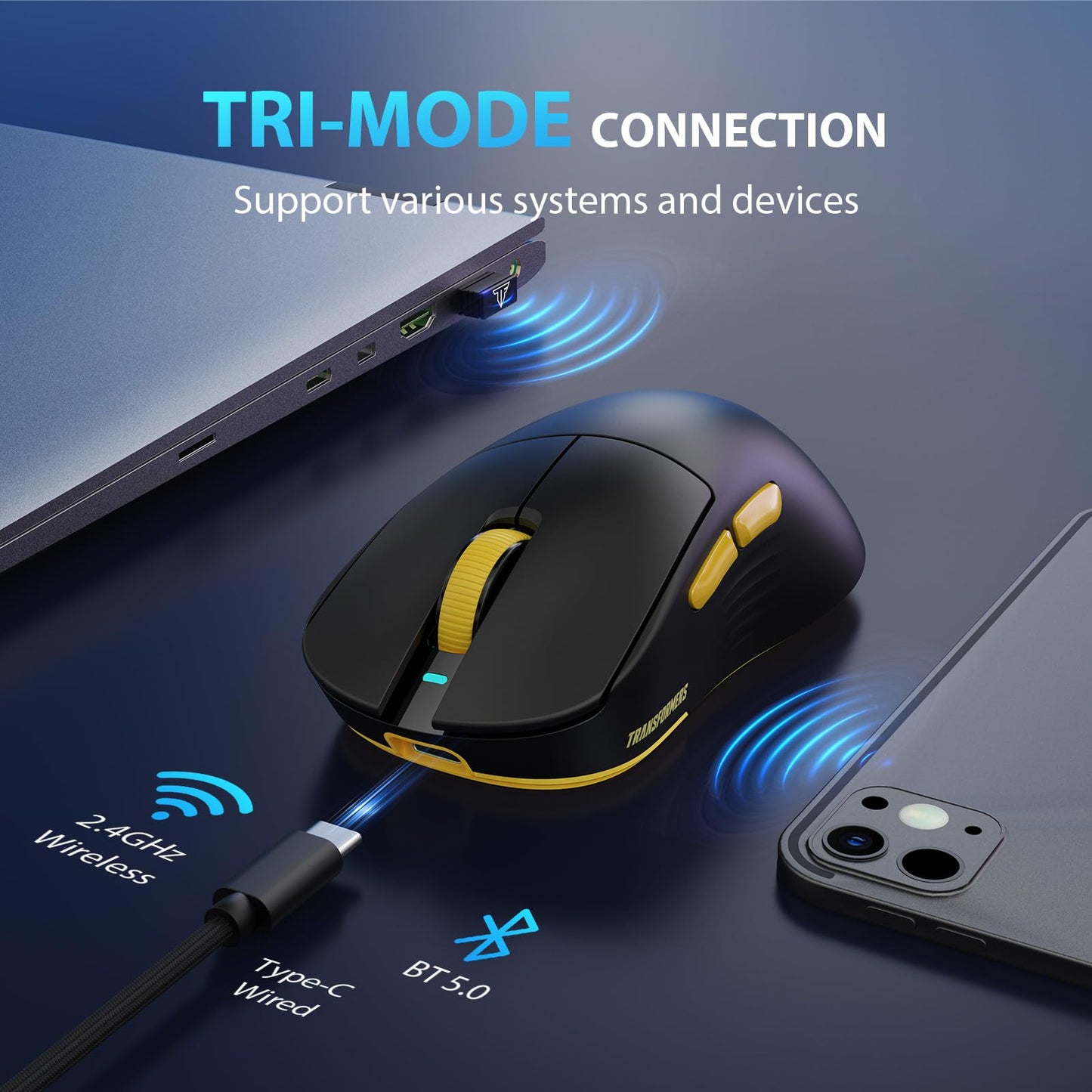 Transformers GM04 Wireless Gaming Mouse, 12000 DPI, 100h Battery Life, 5 Programmable Buttons, Black