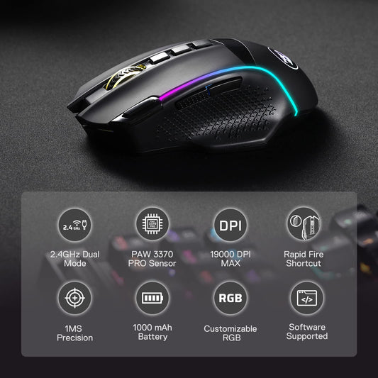 Redragon M991 Wireless Gaming Mouse - 26000 DPI, 9 Macro Buttons, RGB Backlight, Black