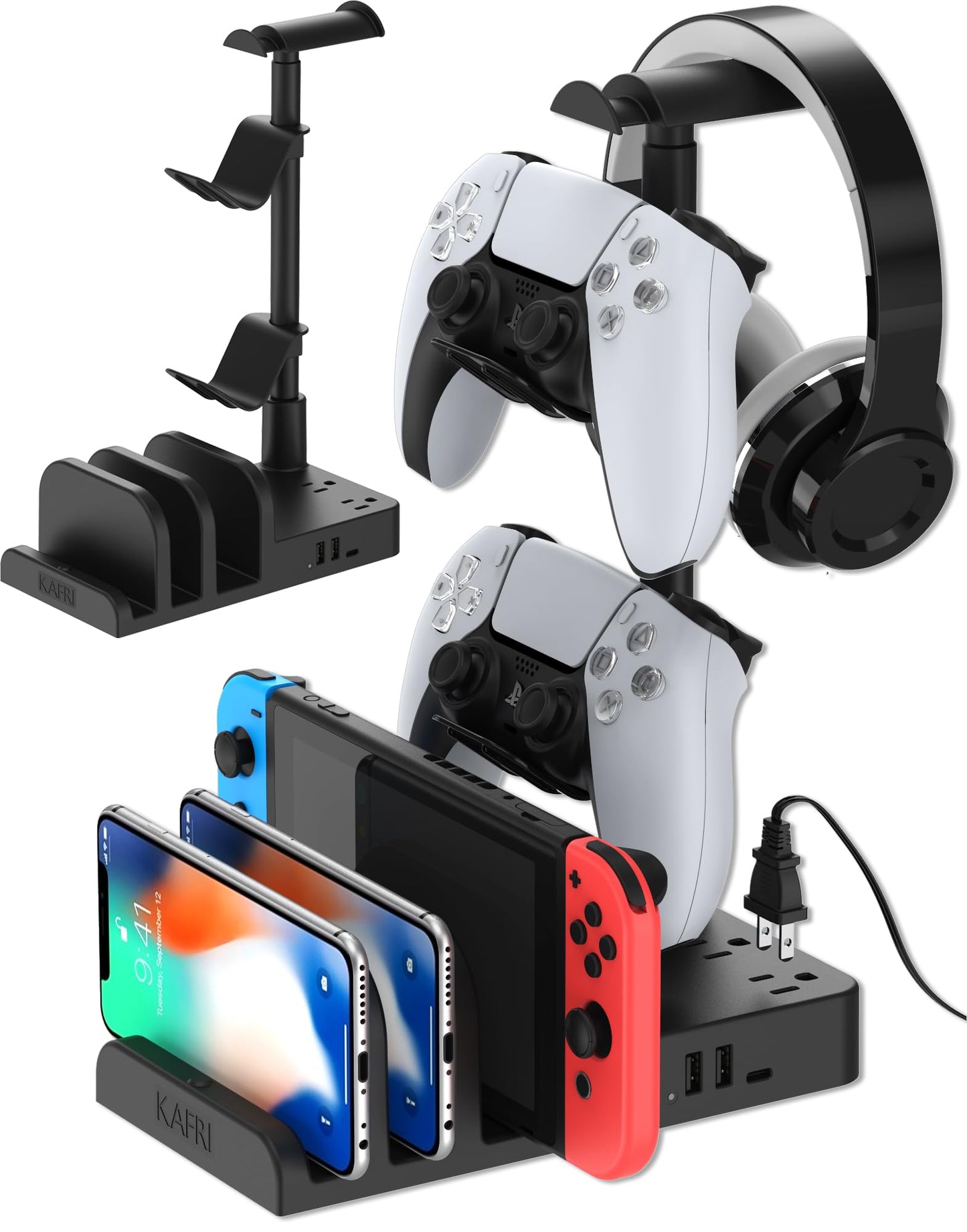 KAFRI Headphone and Controller Stand with USB A&C Charger Desk Gaming Accessories Headset Holder with USB Charging Port and 2 AC Outlets Switch/Phone Storage Organizer Gamer Gift for Men Boyfriend