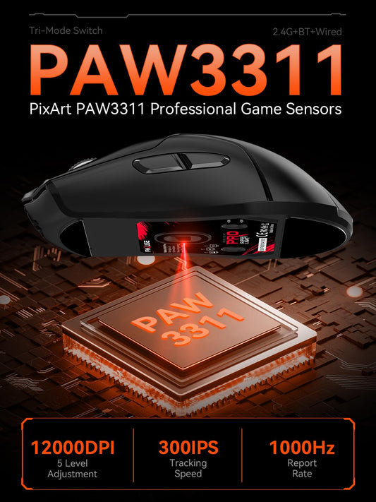 FMOUSE Wireless Gaming Mouse, 12,000 DPI, Tri Mode, Ergonomic, USB C Rechargeable, 6 Programmable Buttons, Black, Model M501