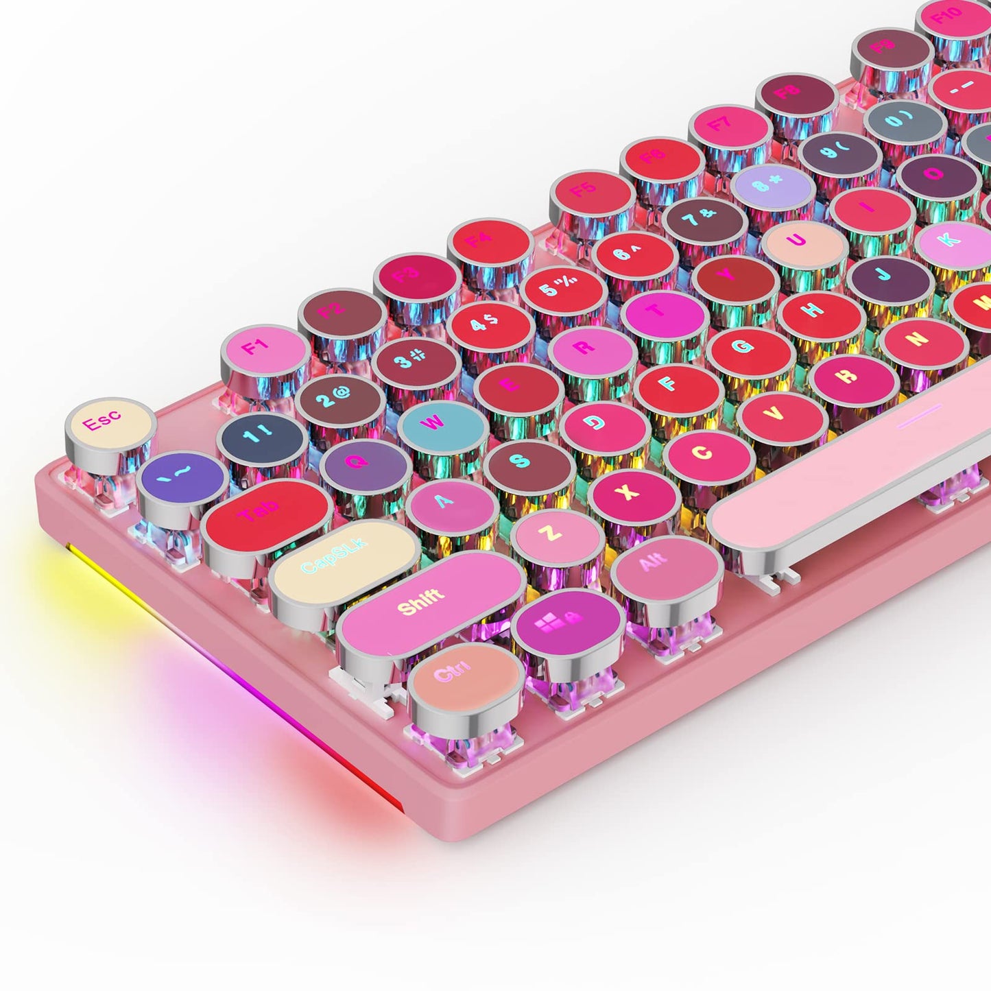 HUO JI Mechanical Gaming Keyboard Typewriter Style with RGB Side Lit and Rainbow Backlit Retro Style Blue Switches - Clicky Metal Panel Lipstick 104 Keys USB Wired for Mac PC Cute Pink