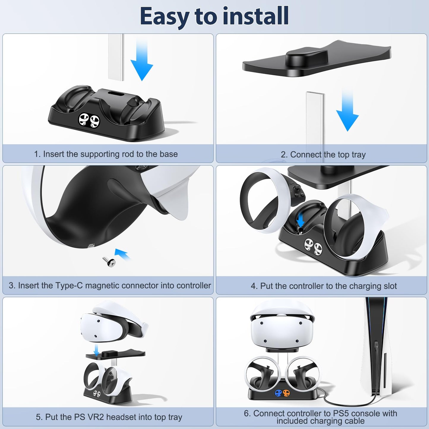 Tokluck PS5 VR2 Controller Charging Dock with Headset Holder, Black, Model TP5-2515, LED Indicator, Magnetic Clasp